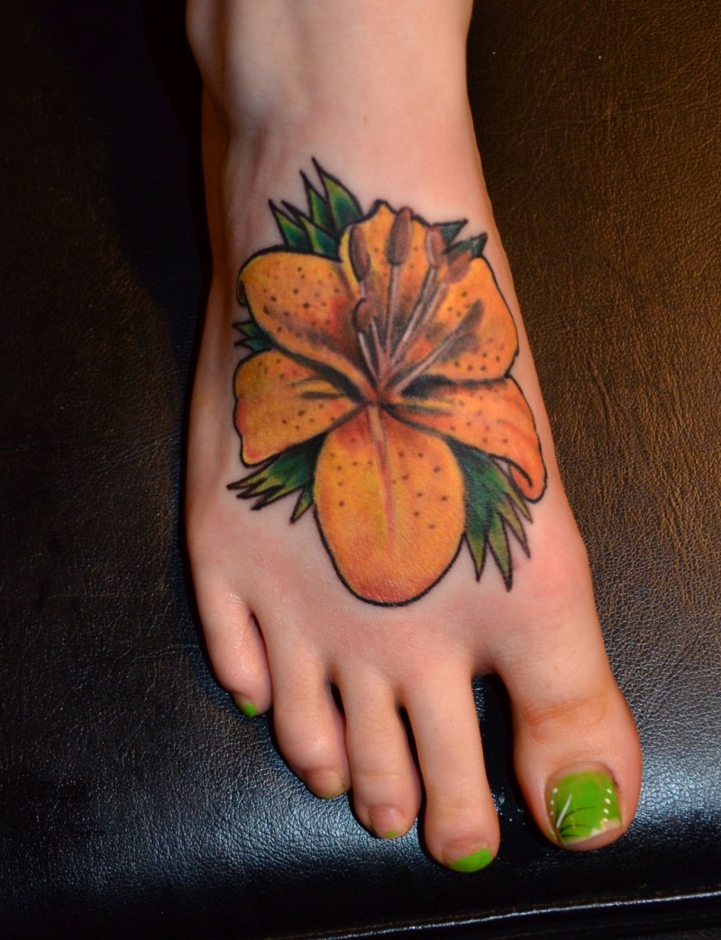 Yellow Lily Flower Tattoo On Girl Right Foot
