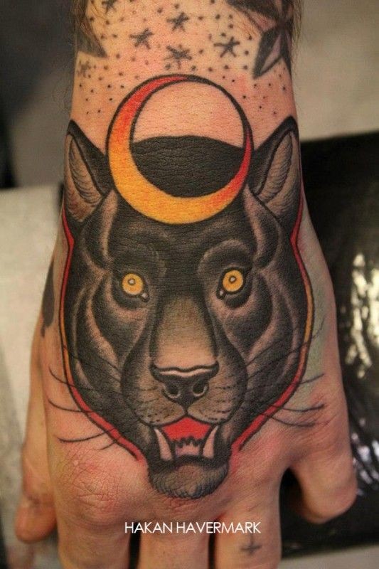 Yellow Moon And Panther Head Tattoo On Left Hand by Hakan Havermark