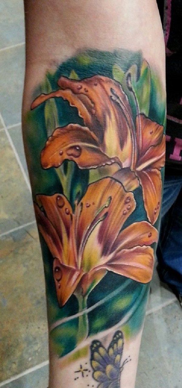 Yellow Realistic Lily Tattoos On Right Forearm