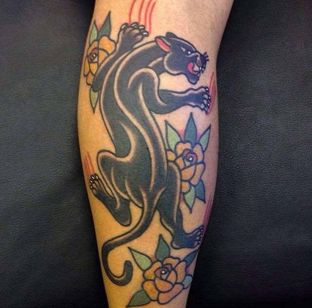 Yellow Roses And Black Traditional Panther Tattoo On Leg