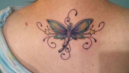 Yellow Stars And Dragonfly Tattoo On Upper Back