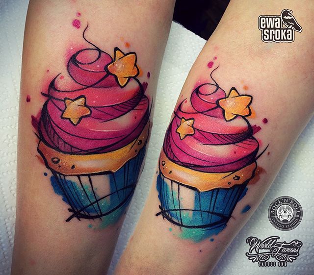 Yellow Stars And Simple Cupcake Tattoos On Arm Sleeve