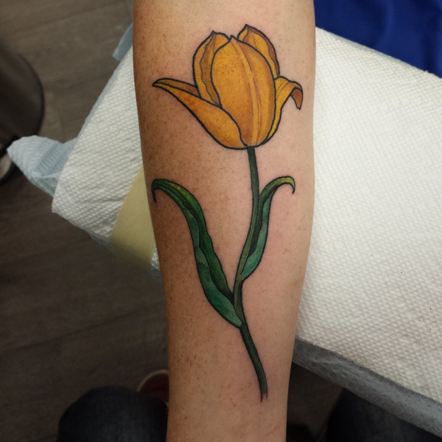 Yellow Tulip Flower Tattoo On Forearm