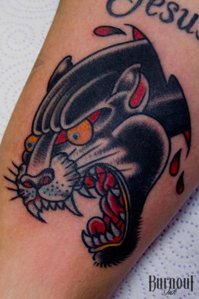 angry Panther Head Tattoo by burnout
