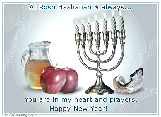 At Rosh Hashanah & Always You Are In My Heart And Prayers. Happy New Year Apple Fruit, Honey, Candle Stand And Shofar