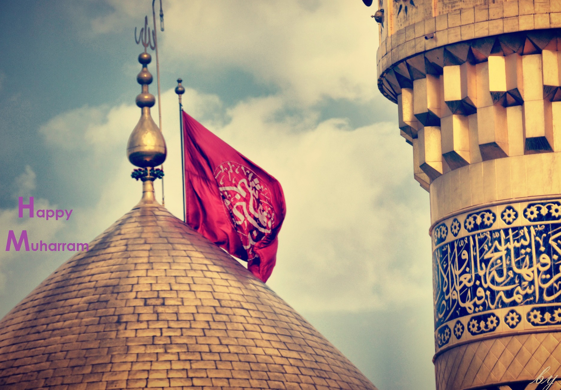 Happy Muharram Golden Dome Of Mosqu With Red Flag Picture