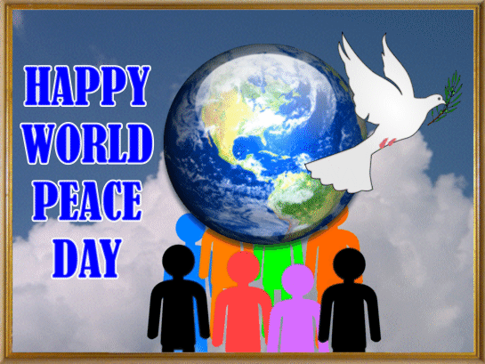 Happy World Peace Day Earth Globe, Dove With Olive Branch And Group Of People Clouds In Background