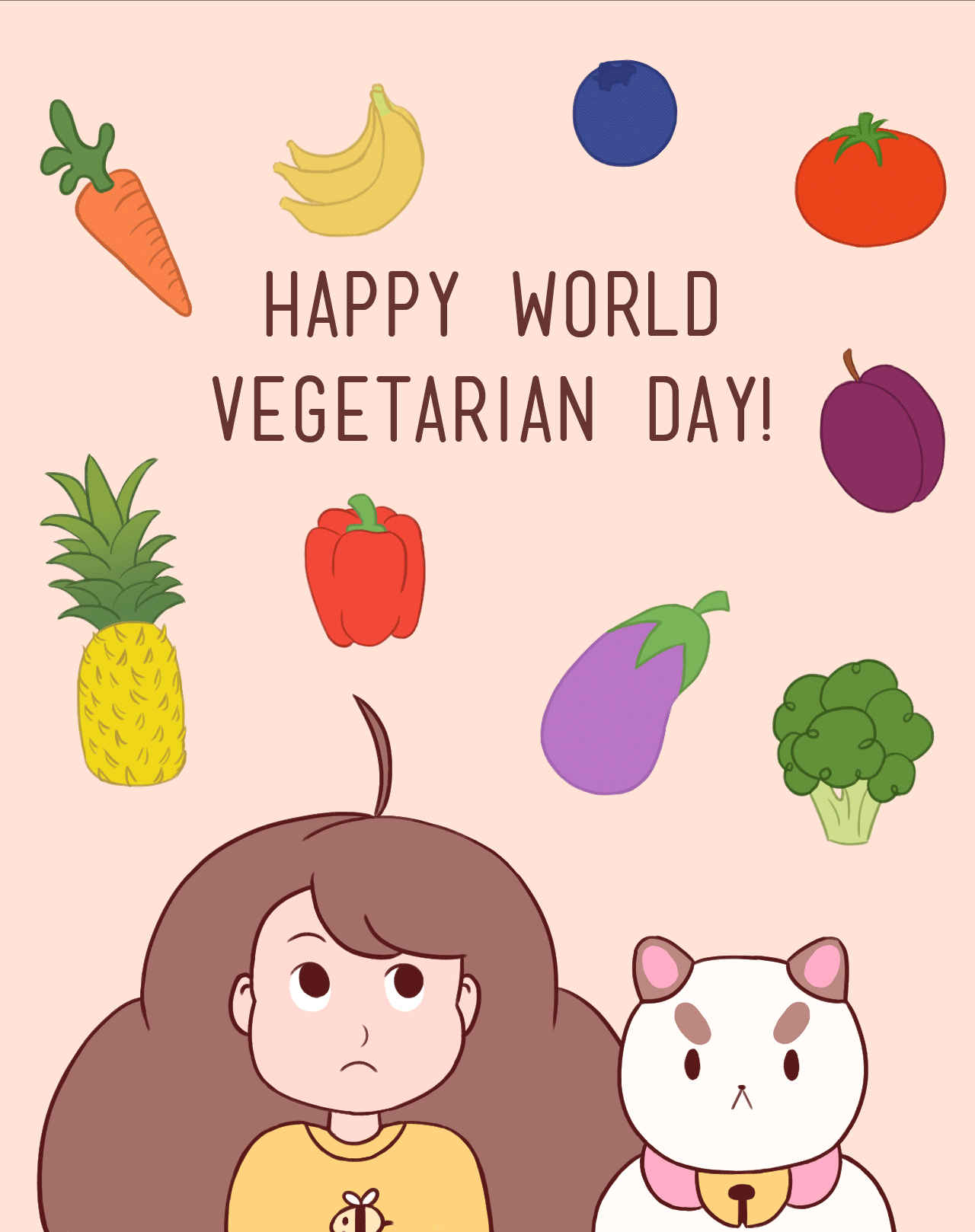 Happy World Vegetarian Day Girl With Cat Illustration