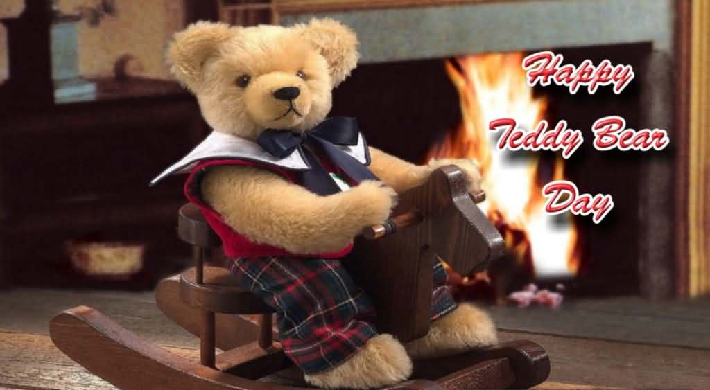 Happy teddy bear day teddy bear on wooden horse toy