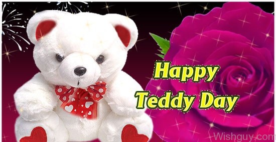 Happy teddy day rose flower in background