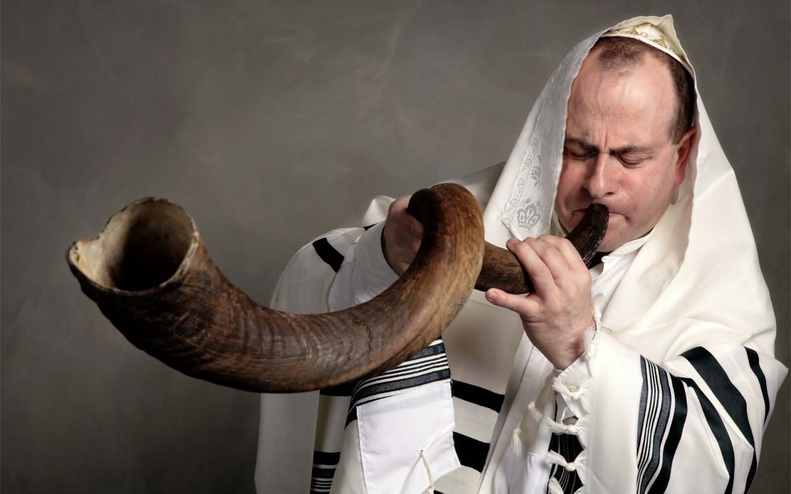 Man Blowing Shofar Happy Yom Kippur