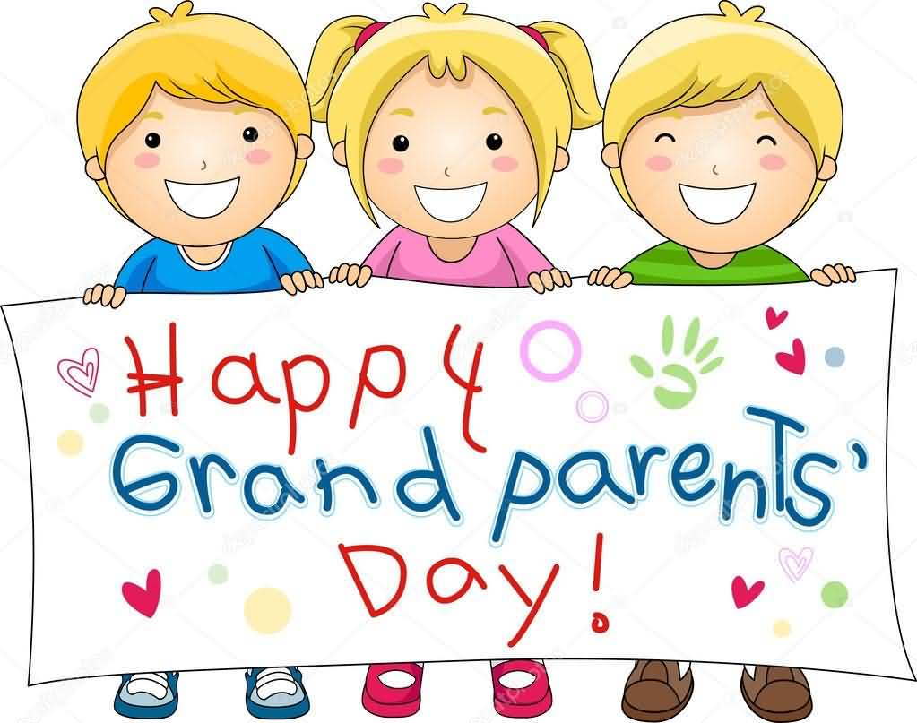 Three kids holding Happy Grandparents Day Banner Illustration