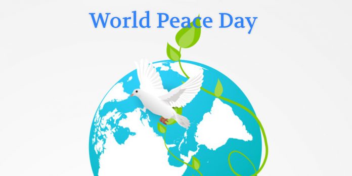 World Peace Day Flying Dove Over The Earth Globe