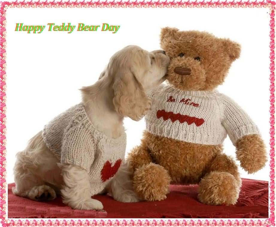 happy teddy bear day cute dog kissing teddy bear
