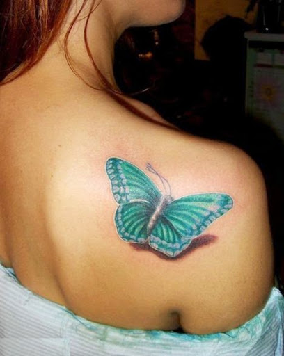 3d Blue Butterfly Tattoo On Girls Back Shoulder