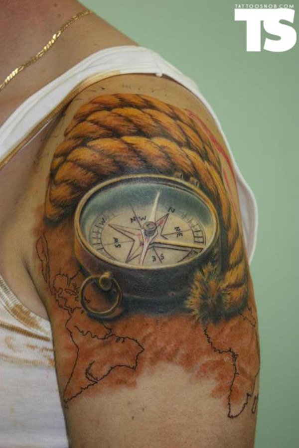 3d Compass And Rope Tattoo On shoulder