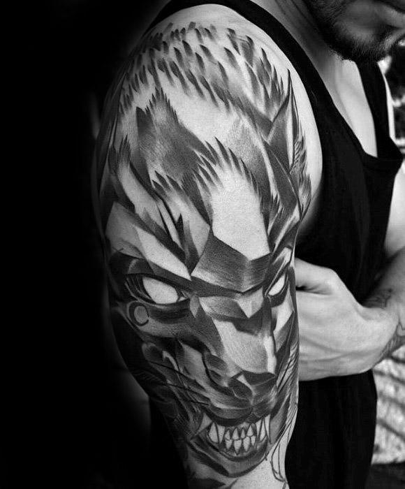 3d Geometric Wolf Tattoo On half Sleeve