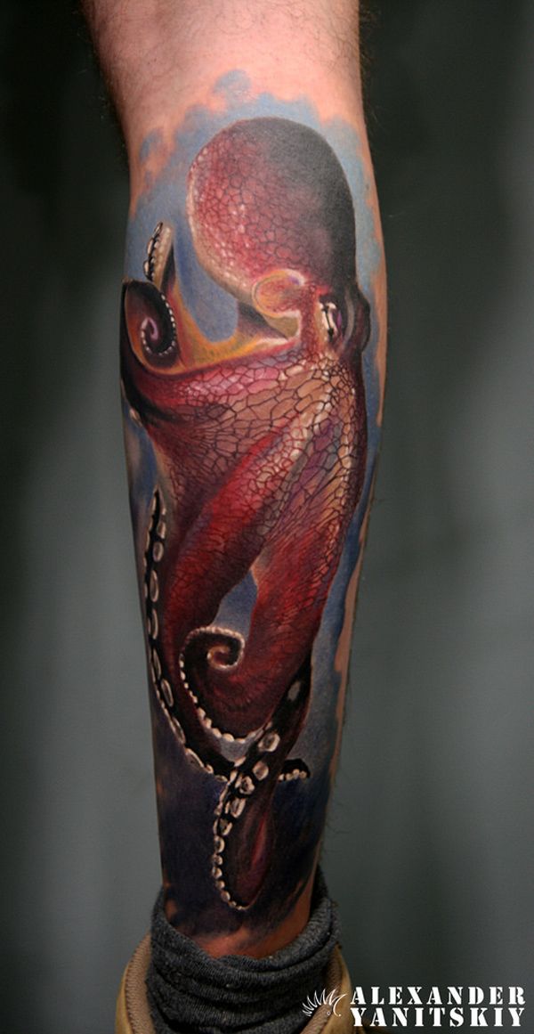 3d Octopus Tattoo On leg