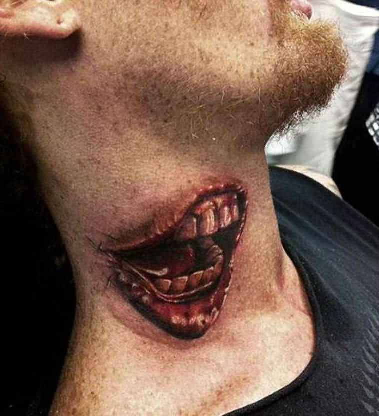 3d Open Mouth Tattoo On Nech