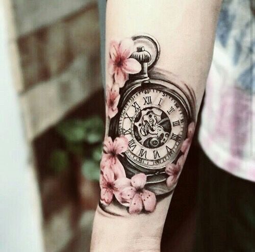 3d Pocket watch With Flowers Tattoo
