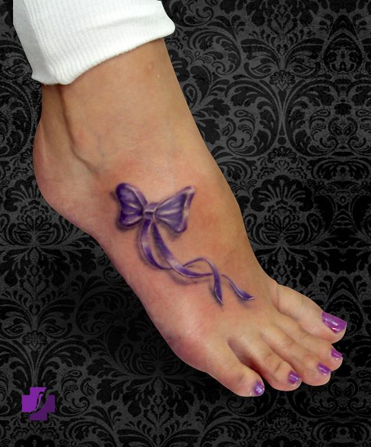 3d Purple Bow Tattoo On Foot