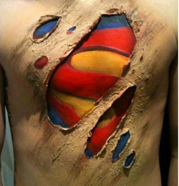 3d Ripped Skin Superman Costume tattoo On Chest