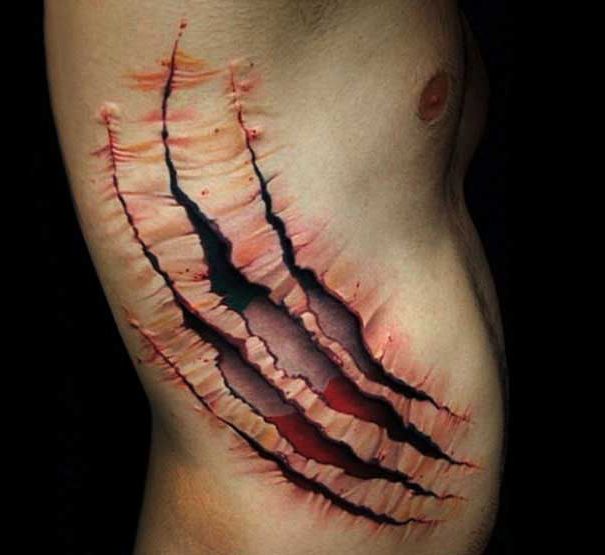 3d Ripped skin Tattoo On Side rib