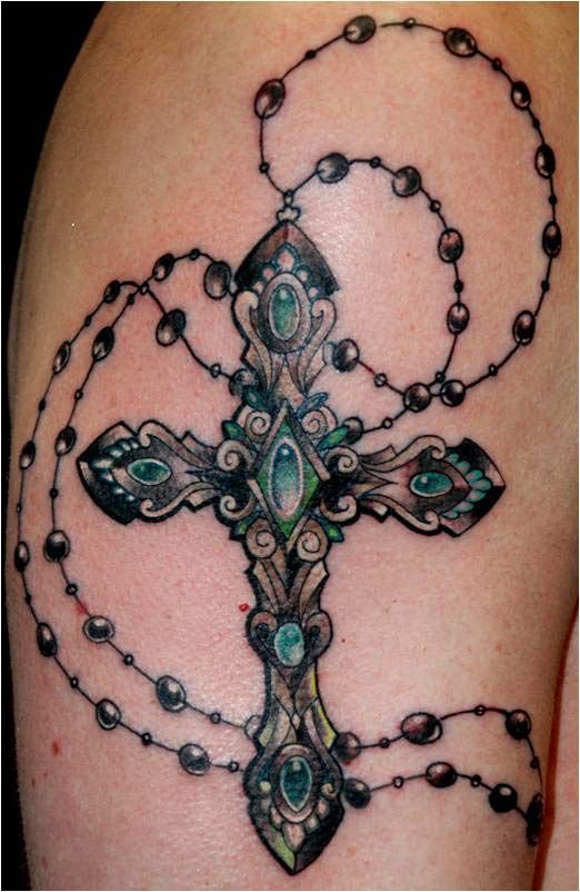 3d Rosary Beads And Cross Tattoo Design