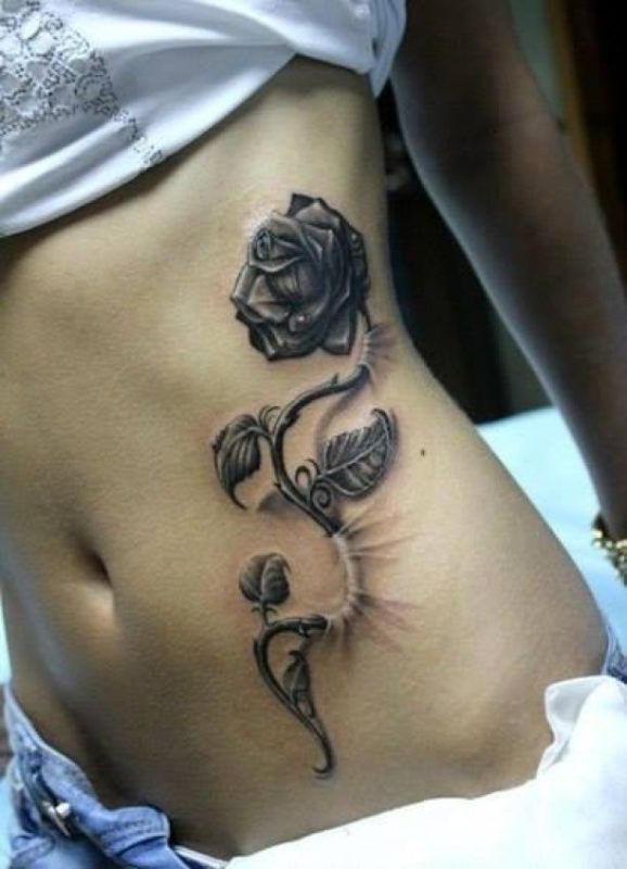 3d Rose Flower Bud Tattoo On Girls Rib