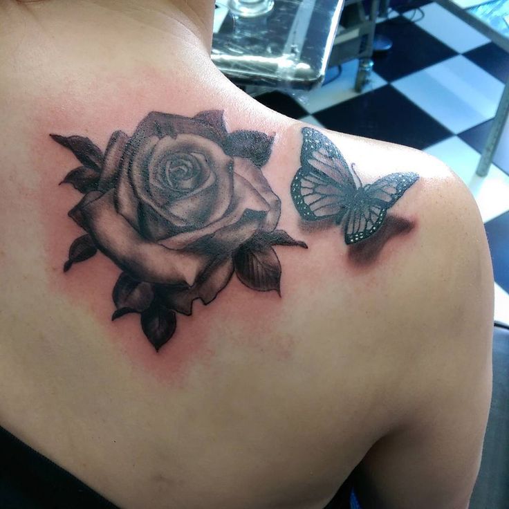 3d Rose flower And Butterfly Tattoo On Shoulder
