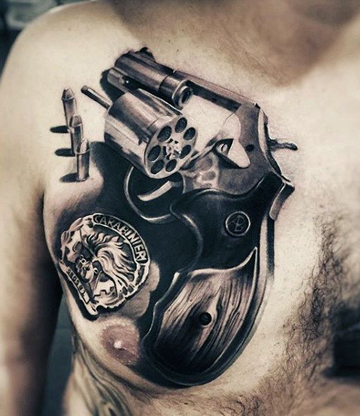 3d Small Pistol With Bullets Tattoo On chest For men