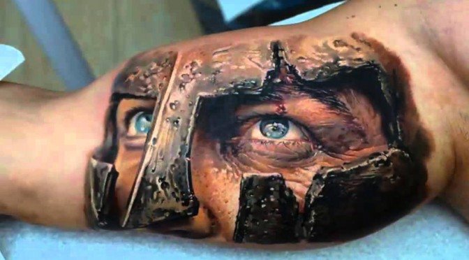 3d Warrior Face Tattoo On Bicep