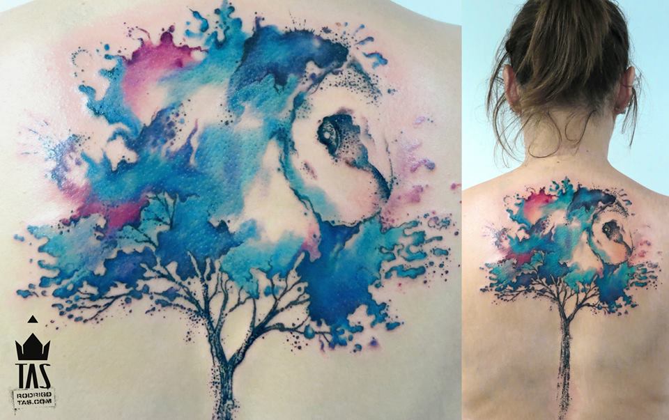 Abstract Watercolor Tree Tattoo On Back