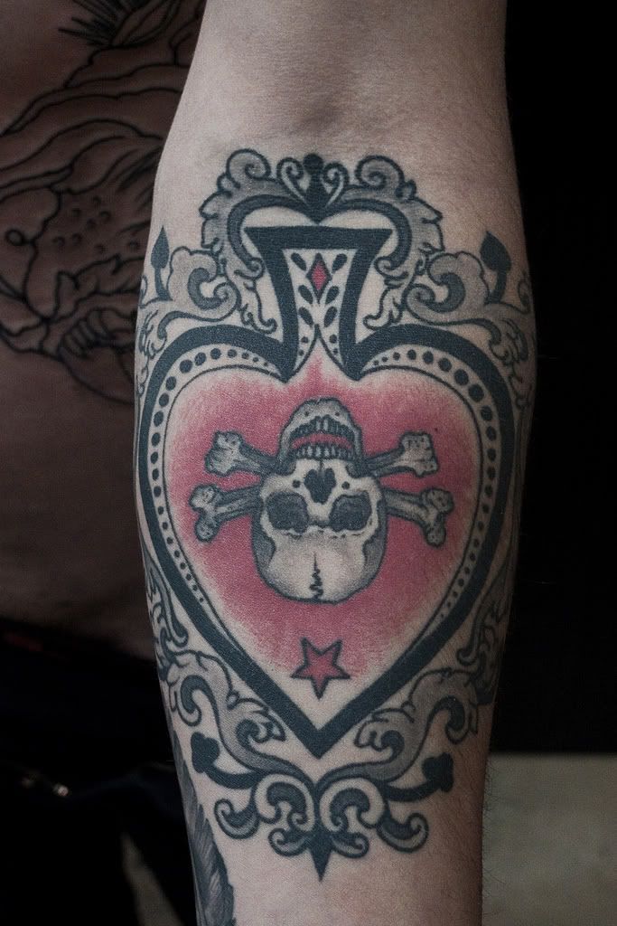 Ace Of Spade Tattoo With Skull On Forearm