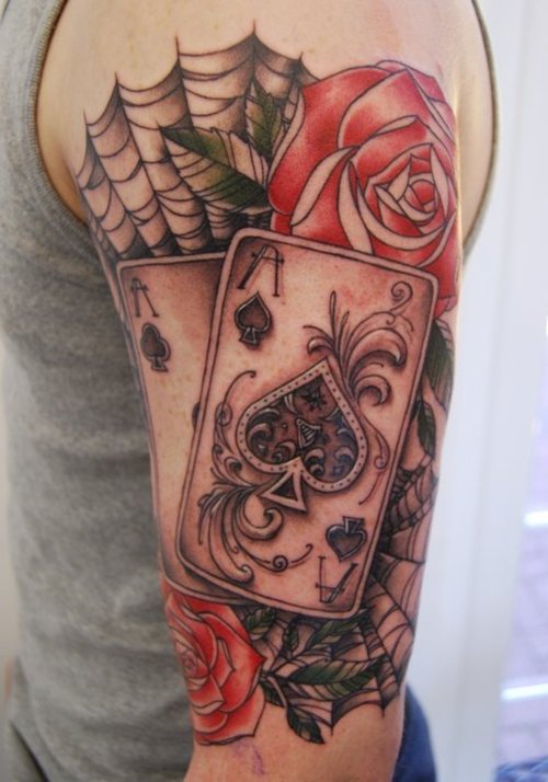 Ace Of Spades With Rose Flower Tattoo On Left Shoulder