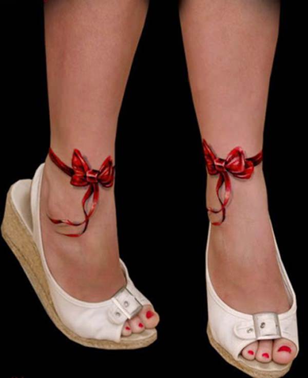 Adorable 3d Red Bows Tattoo On Ankle