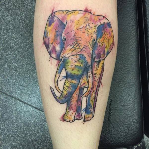 Adorable Elephant Watercolor Tattoo On Leg Calf