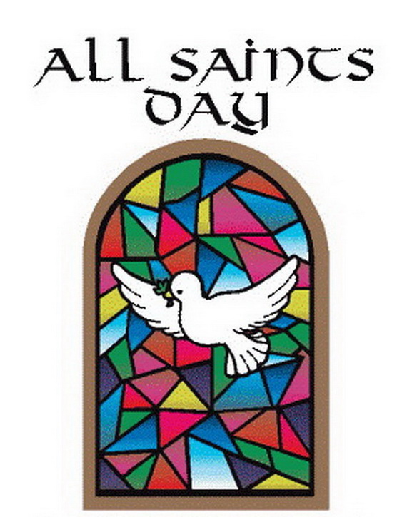 All Saints Day Flying Dove With Olive Branch In Mouth And Stained Glass Window In Background
