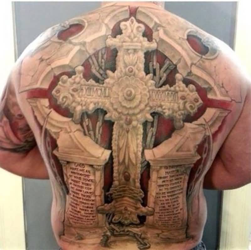 Amazing 3d Cross Tattoo On Full Back
