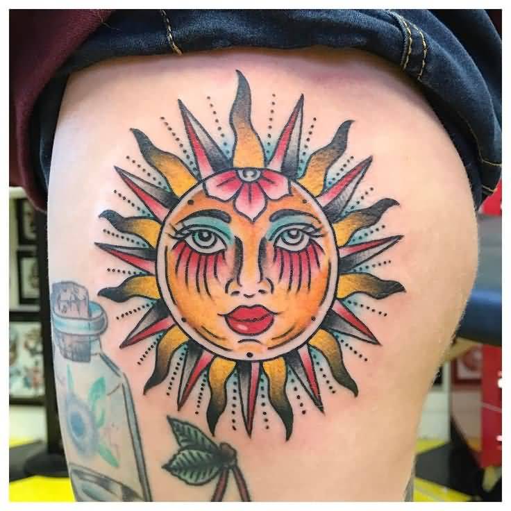 Amazing Colorful Sun Tattoo On Bicep