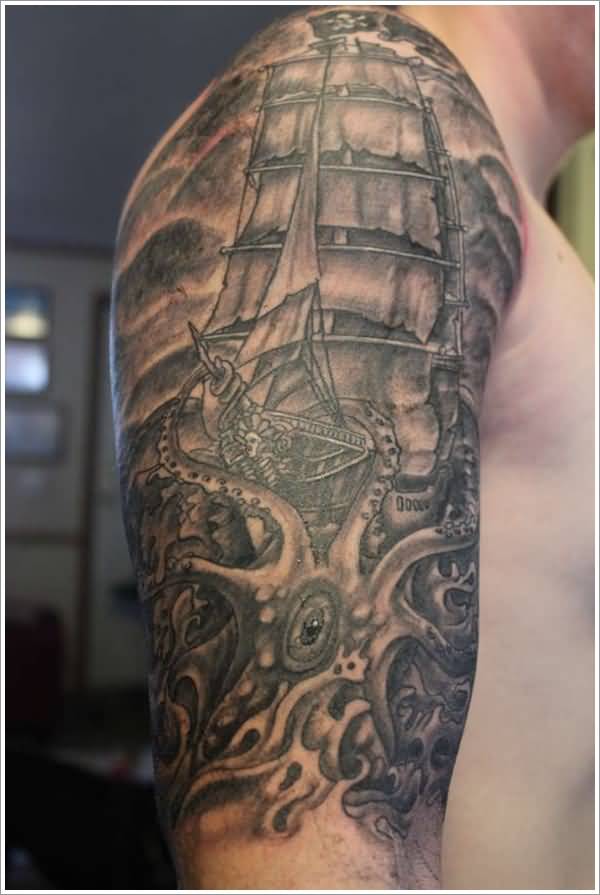 Amazing Nautical Tattoo On Half Sleeve