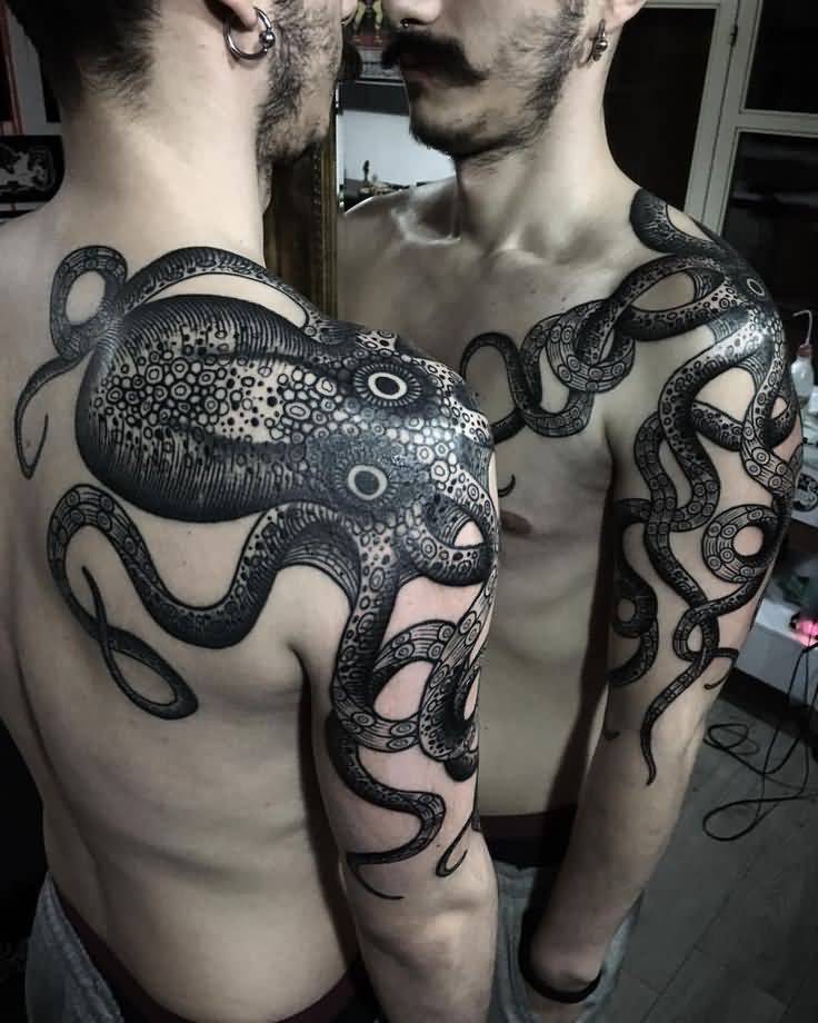 Amazing Octopus Tattoo On Back Shoulder And Half Sleeve