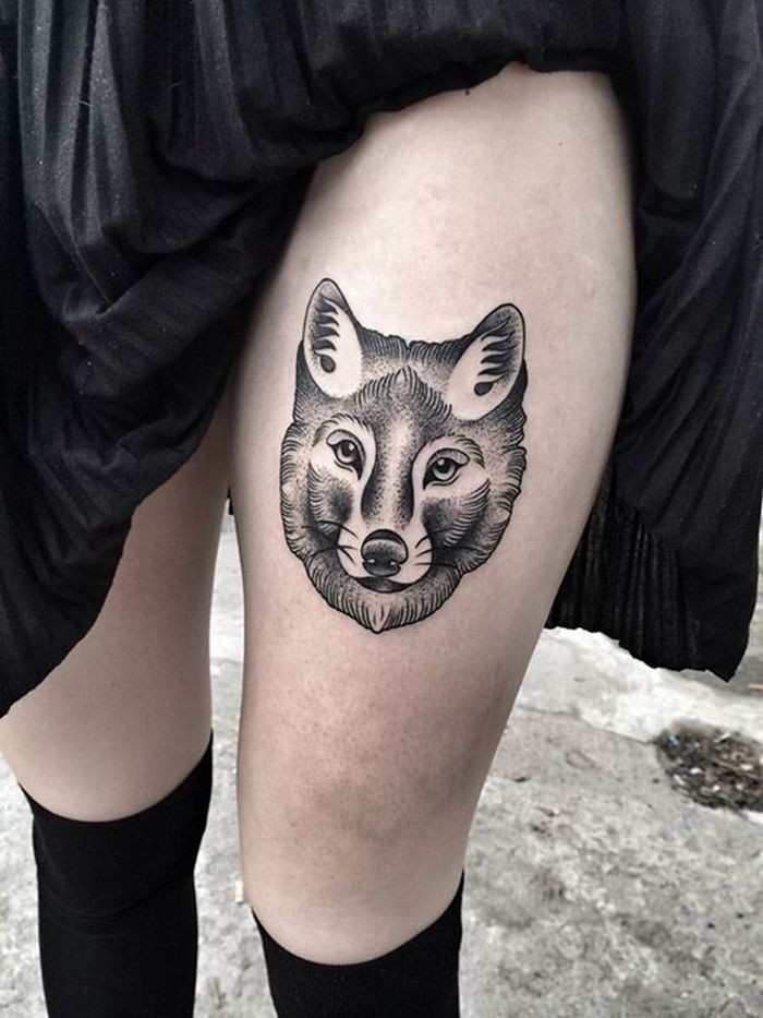 Amazing Wolf Face Tattoo On Girls Thigh