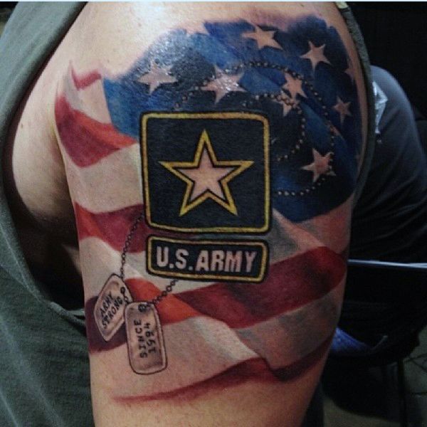 American Flag With Army Dogs Military Tattoo on Upper Arm