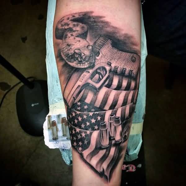 American Flag With Bullets And Pistol Tattoo On Leg