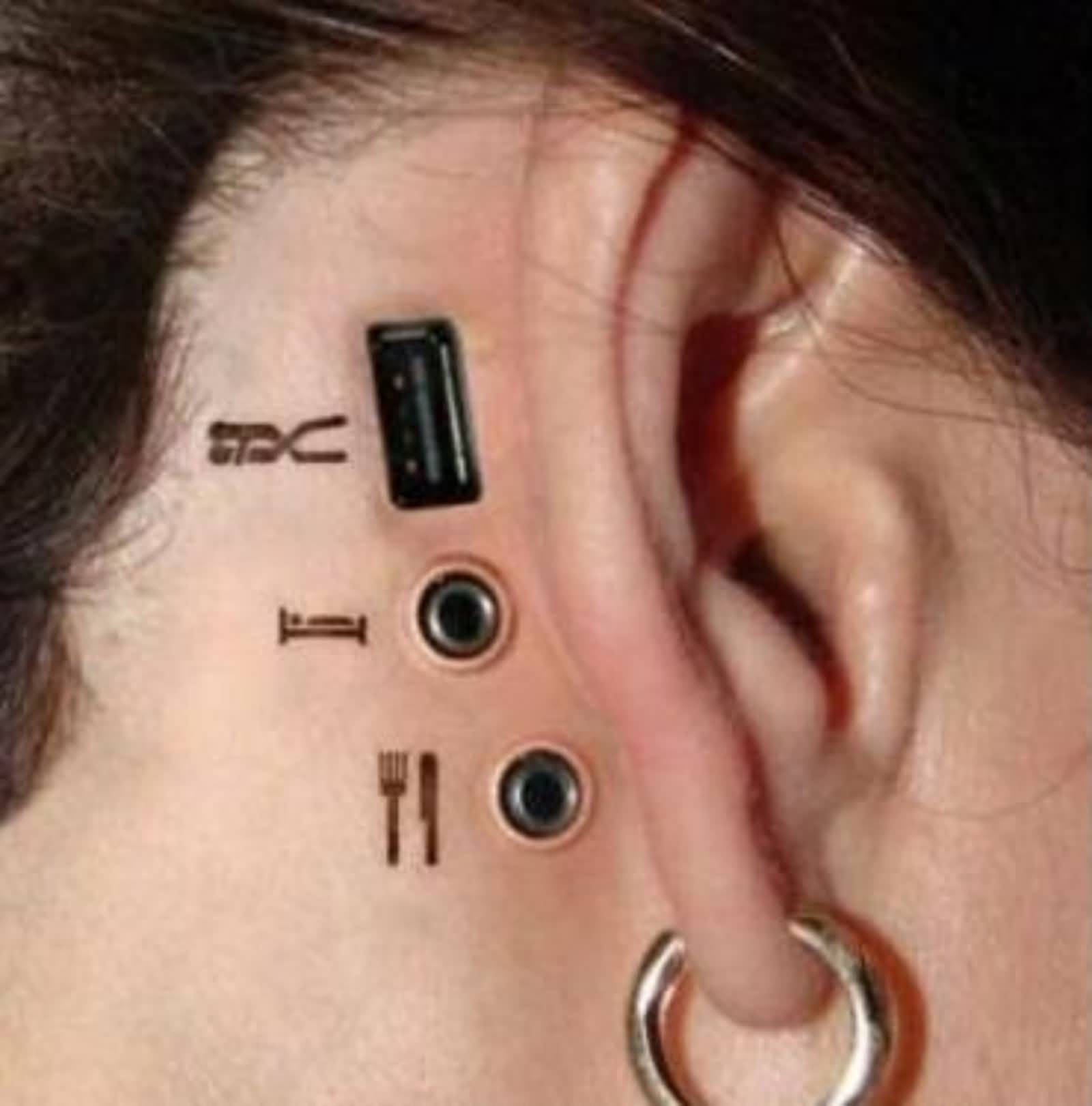 Analog Cyber Punk 3d Tattoo Behind Ear