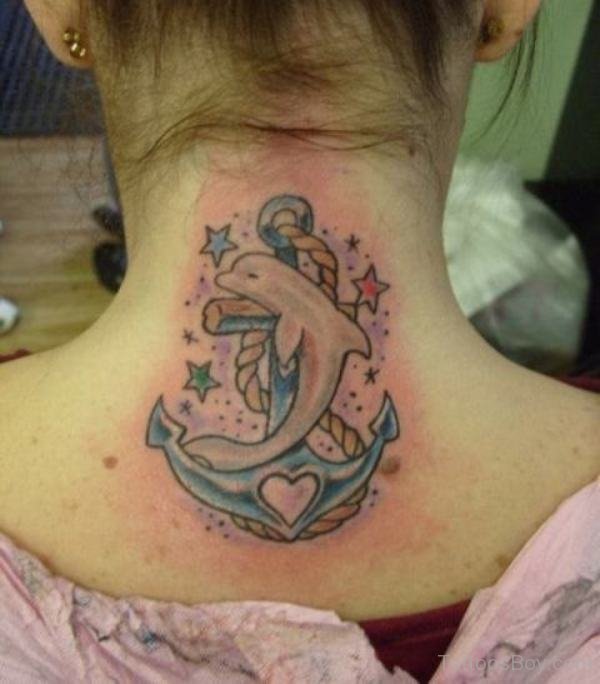 Anchor And Dolphin Tattoo On Back Neck