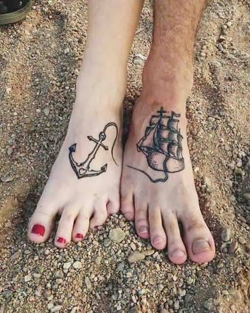 Anchor And Ship Matching Nautical Tattoo For Couple