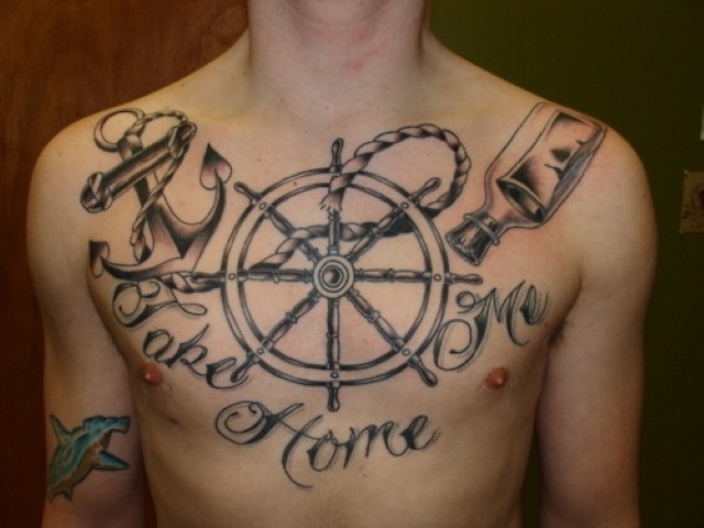 Anchor And sailor Wheel Nautical Tattoo on Chest