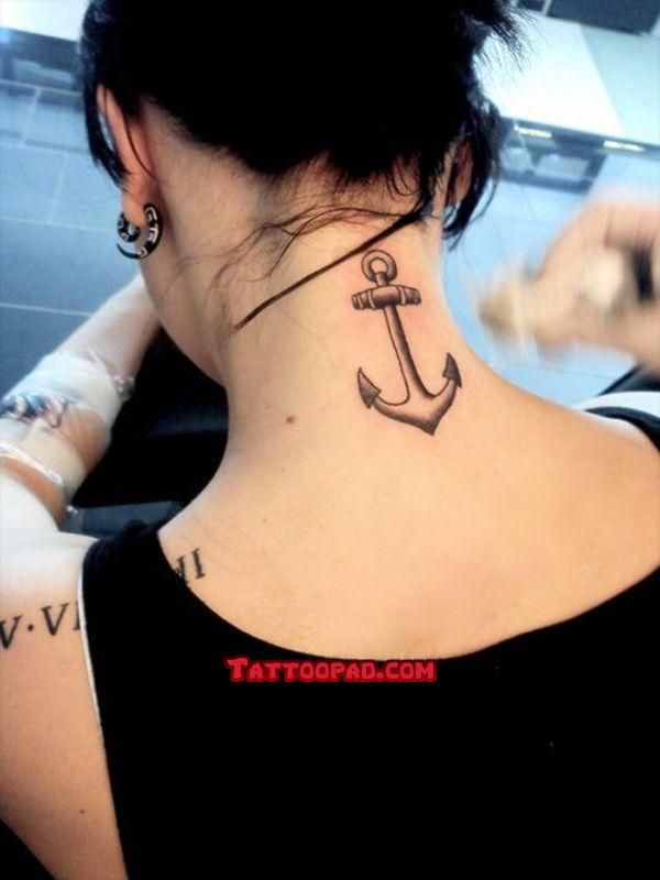 Anchor Tattoo On Girls Back Neck